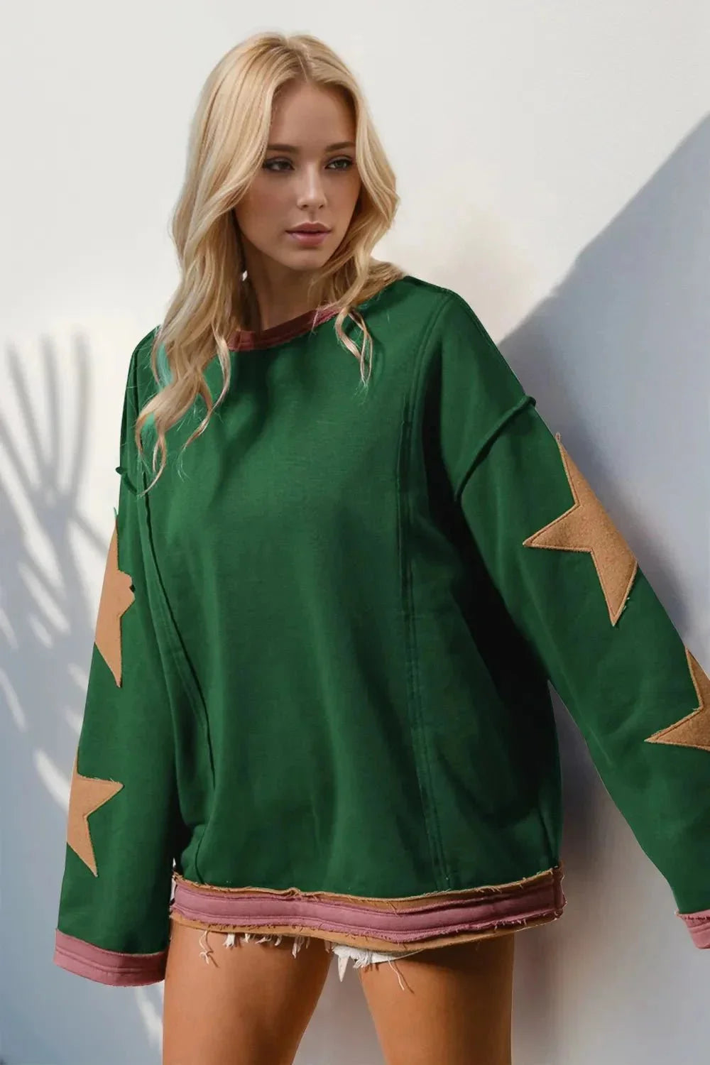 Double Take Star Patched Long Sleeve Sweatshirt - VILLA FASHION